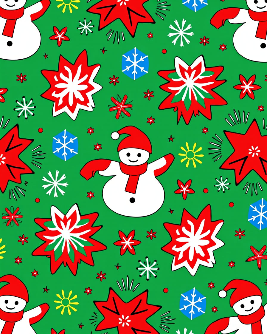 Charming Snowman Red Star Festive Snowflakes Rug