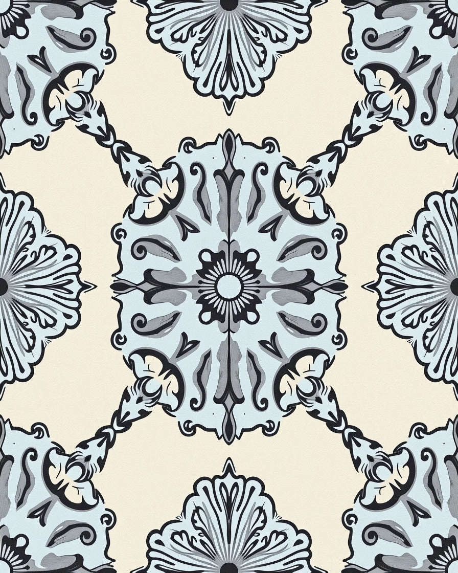 Light Blue Scrollwork Damask Medallion Rug