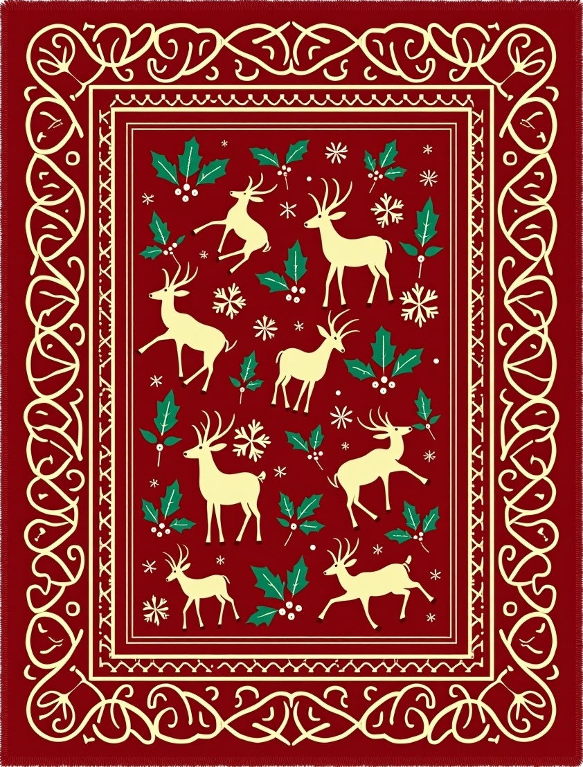 Reindeer Holly Festive Border Rug