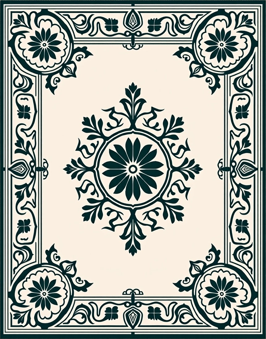 Dark Emerald Floral Medallion Border Rug
