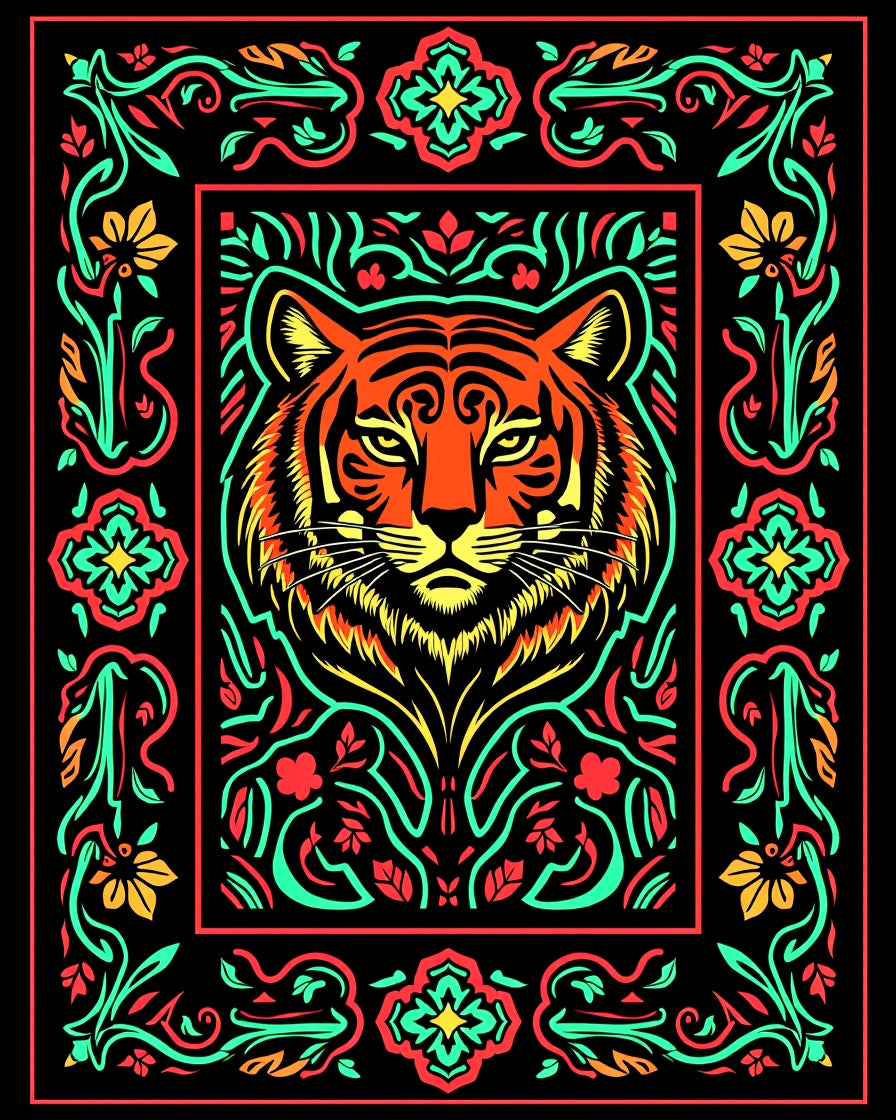 Bold Tiger Floral Border Rug