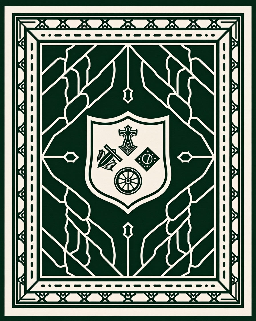 Dark Green Cream Emblematic Geometric Rug
