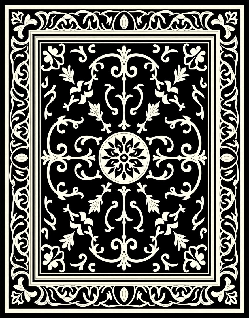 Black and White Floral Scroll Rug