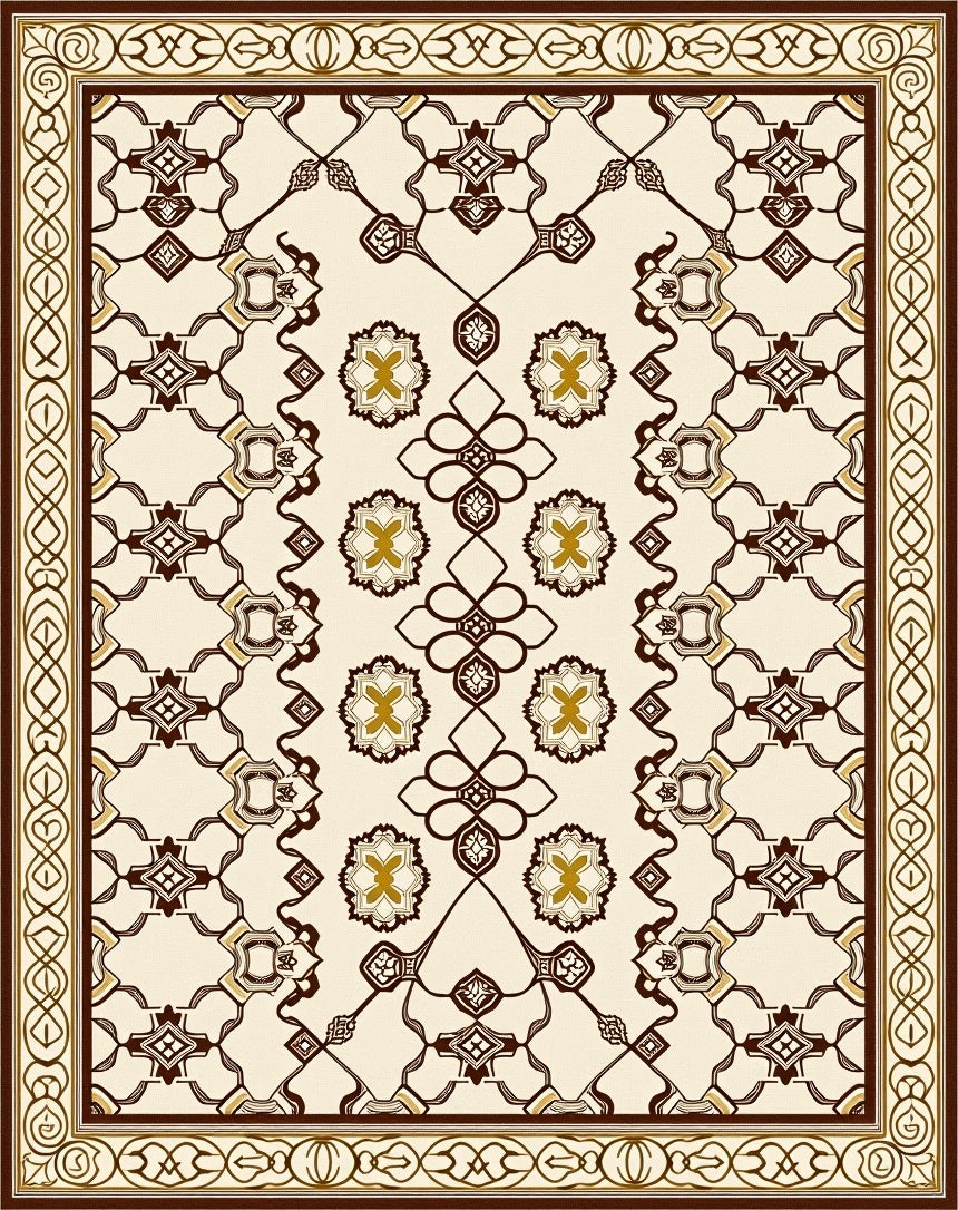 Cream Brown Medallion Geometric Border Rug
