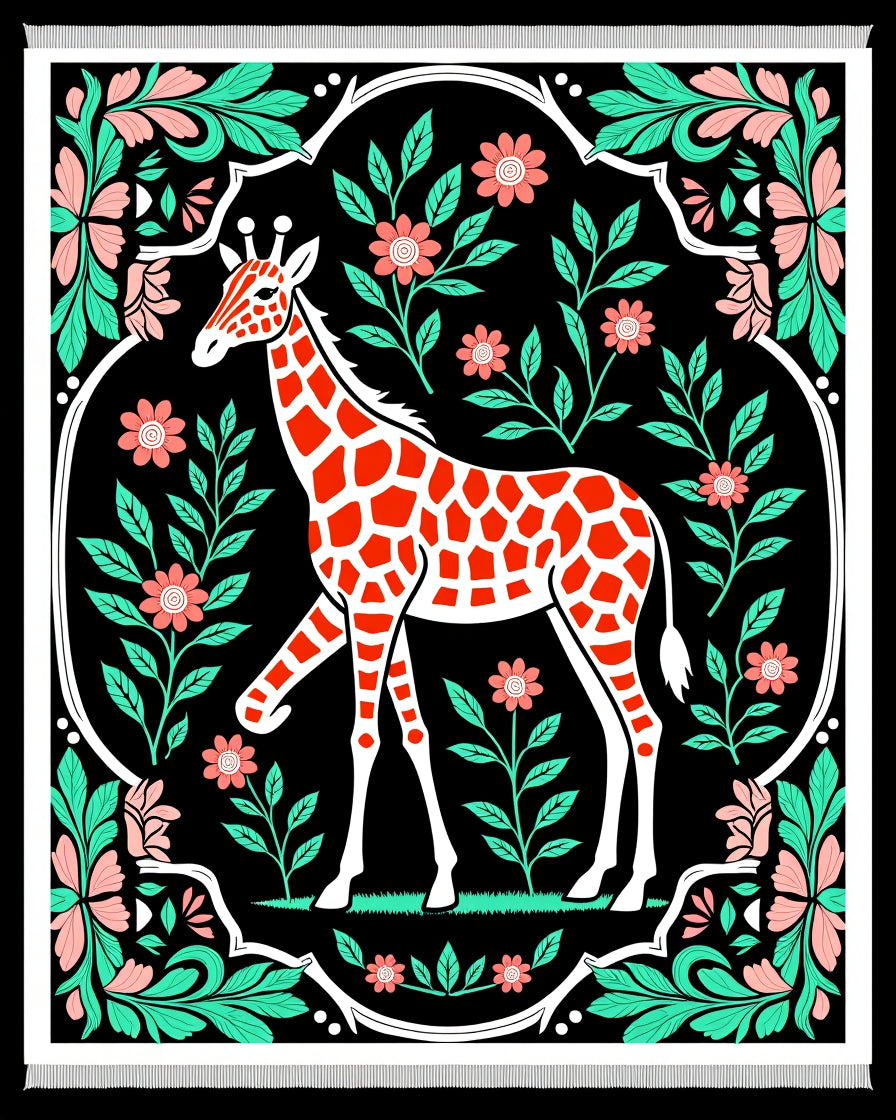 Bold Orange Giraffe Floral Meadow Rug