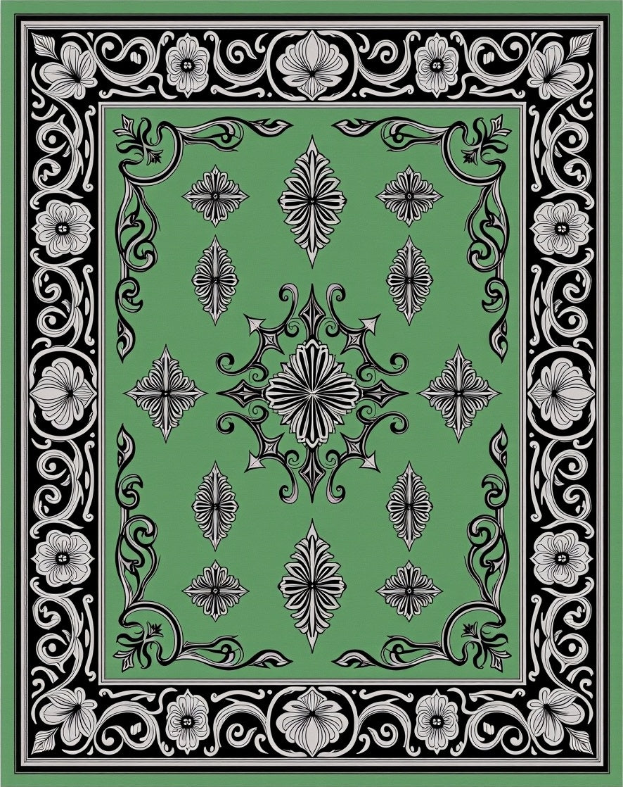 Green Floral Black Decorative Medallion Rug