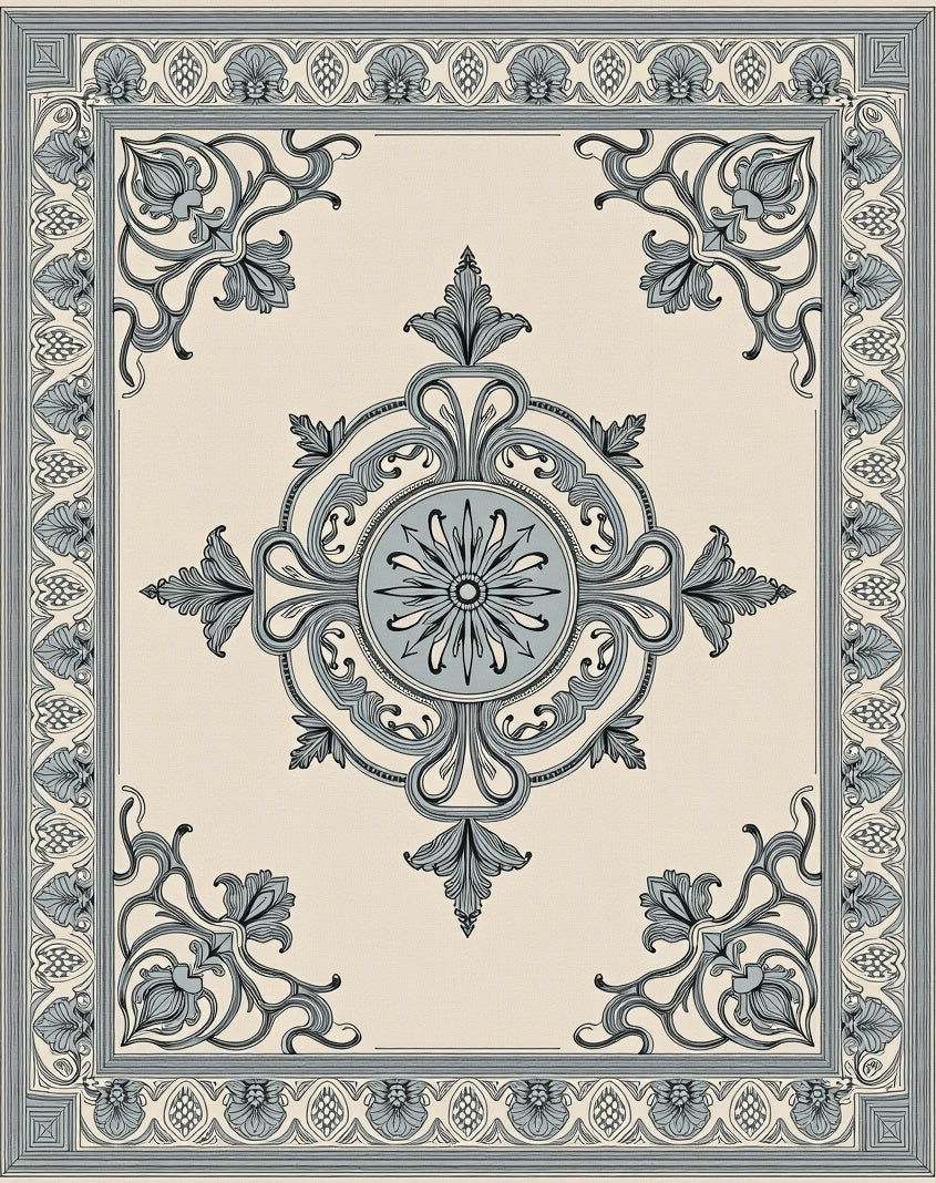 Pale Cream Blue Floral Medallion Border Rug