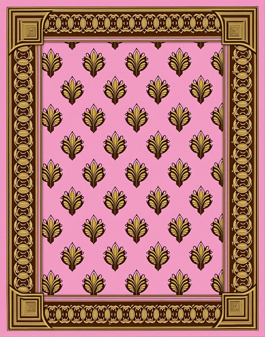 Pink Golden Floral Tiled Border Rug