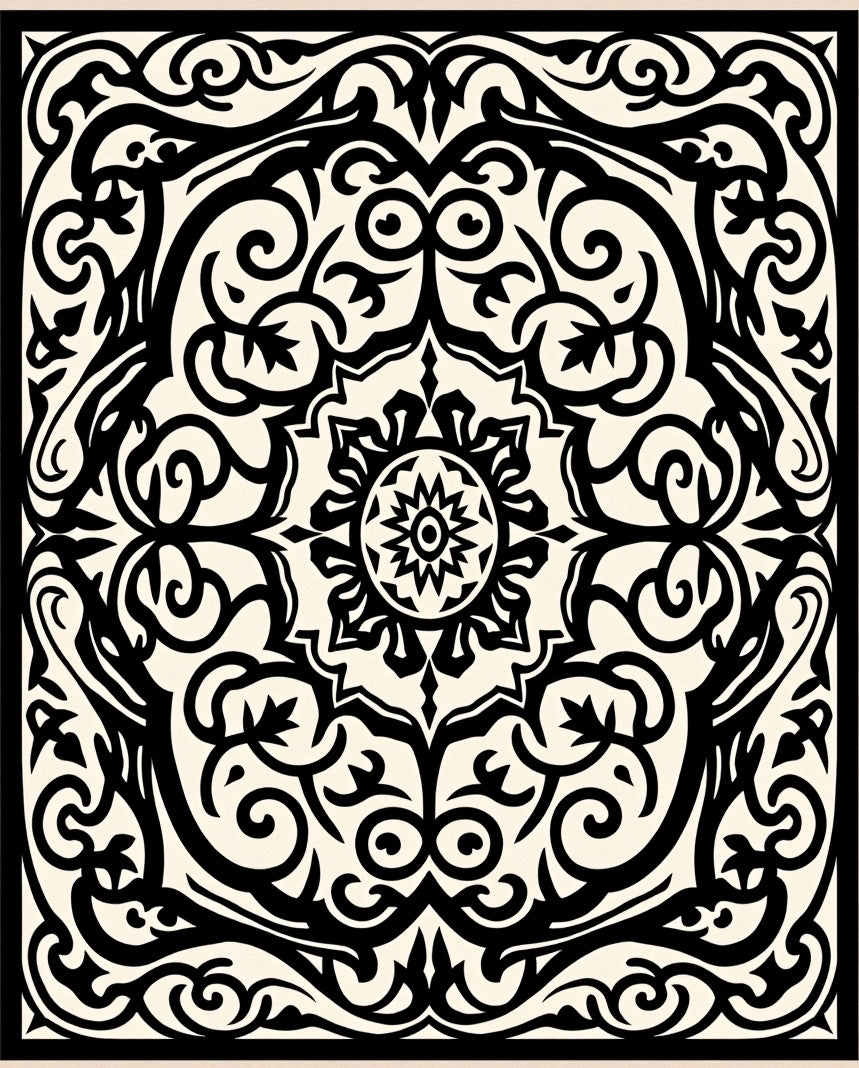Black Cream Baroque Flourish Medallion Rug
