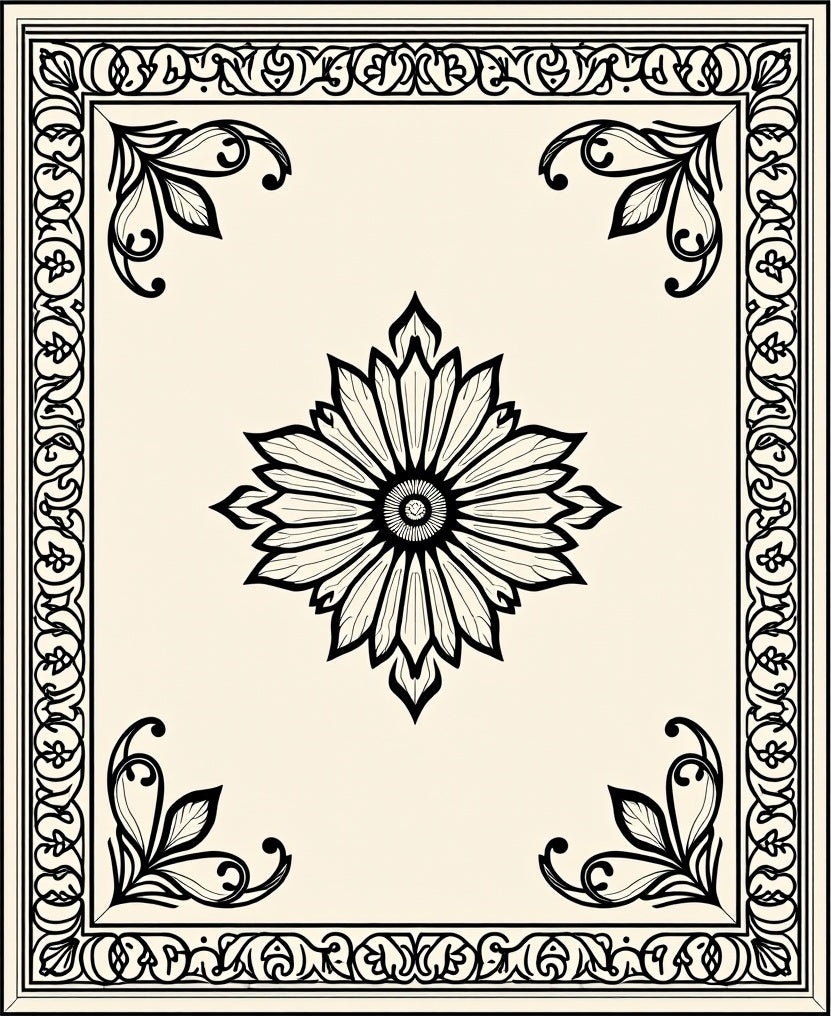 Cream Black Floral Bordered Medallion Rug