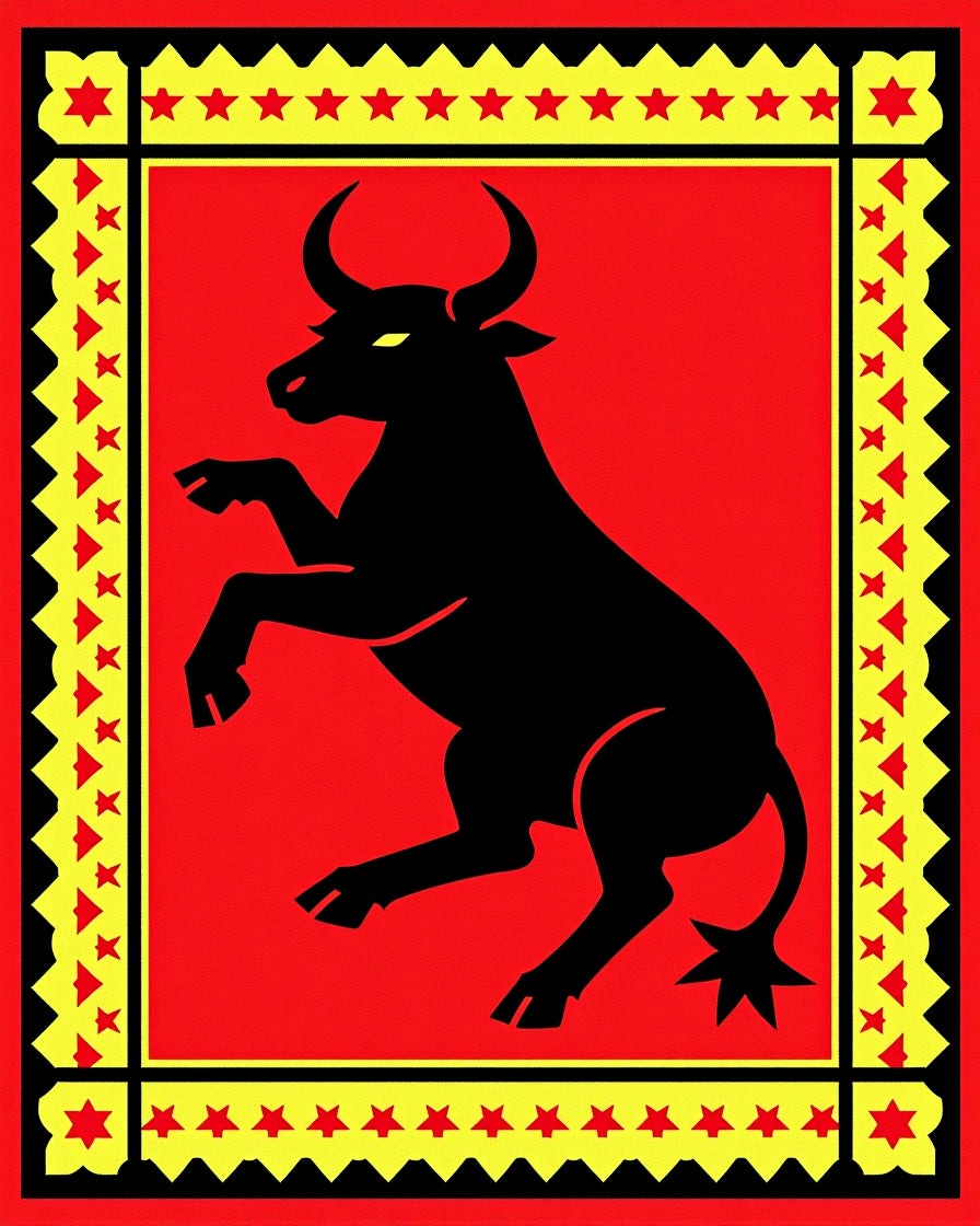 Bold Black Bull Red Star Border Rug