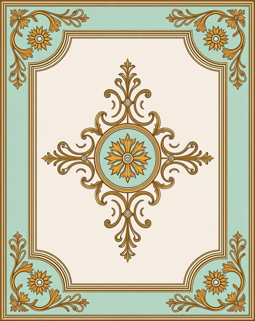 Ornate Golden Floral Mint Medallion Rug