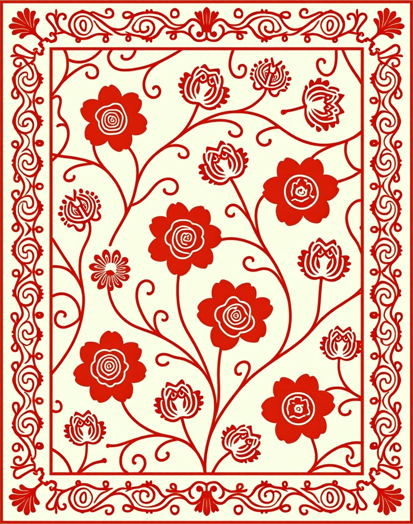 Scarlet Blossom Swirls Border Rug