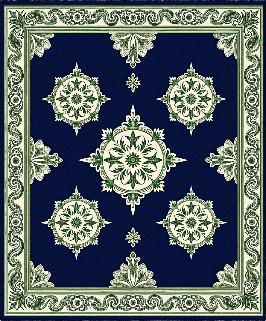 Classic Navy Green Medallion Border Rug