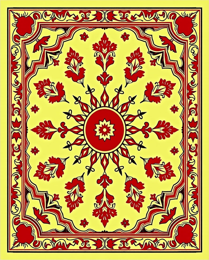 Vibrant Red Floral Sun Yellow Rug