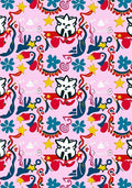 Whimsical Cat Stars Floral Pink Rug