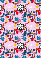 Whimsical Cat Stars Floral Pink Rug