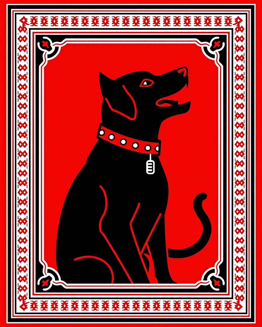 Bold Red Sitting Dog Geometric Border Rug