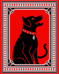 Bold Red Sitting Dog Geometric Border Rug
