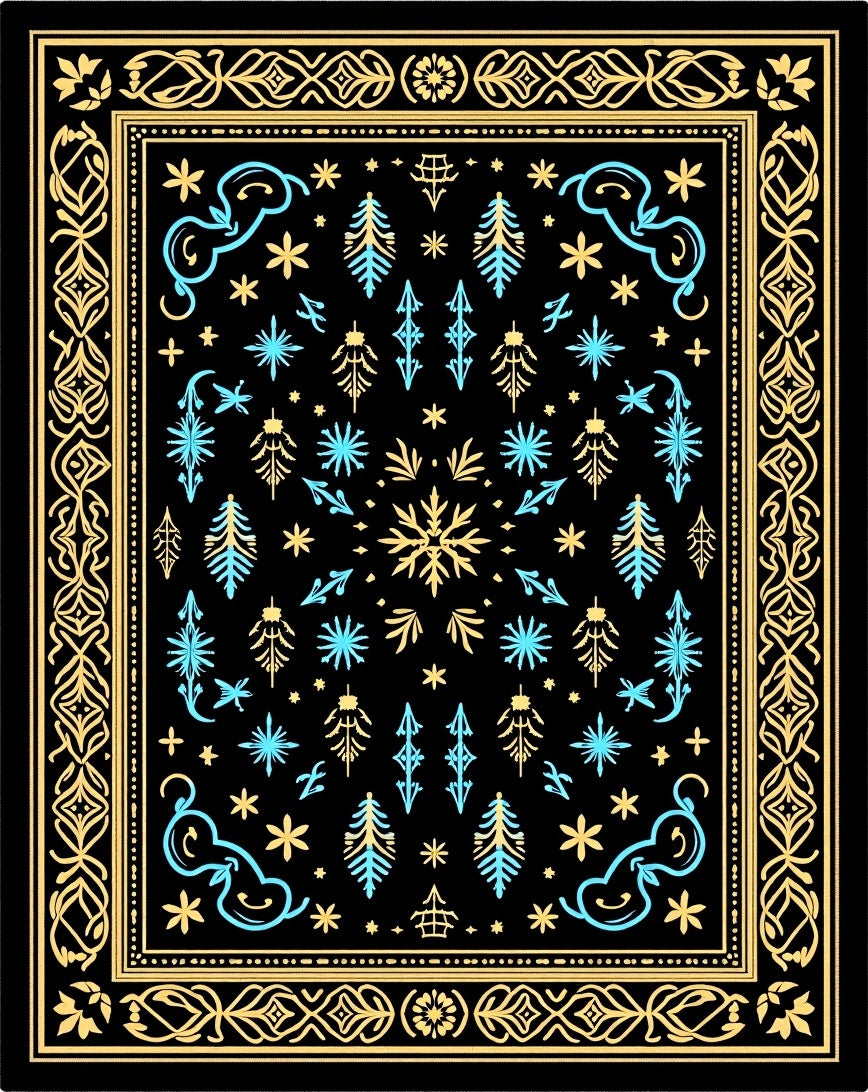 Golden Black Celestial Snowflake Swirl Rug