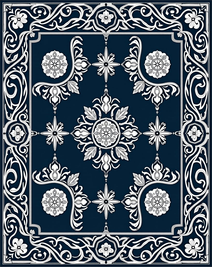 Deep Blue Ornamental Floral Medallion Rug