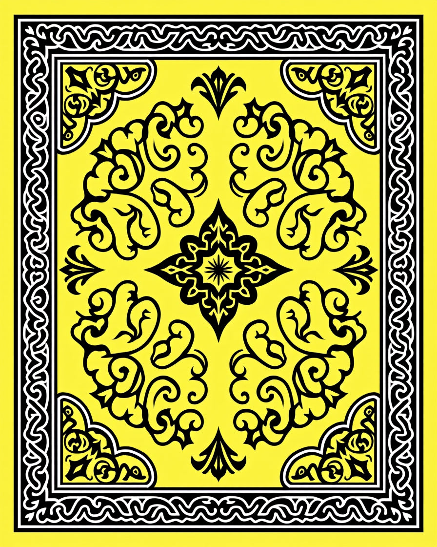Bright Yellow Black Scrollwork Medallion Rug