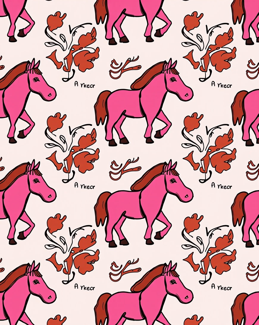 Pink Horse Floral Motif Rug