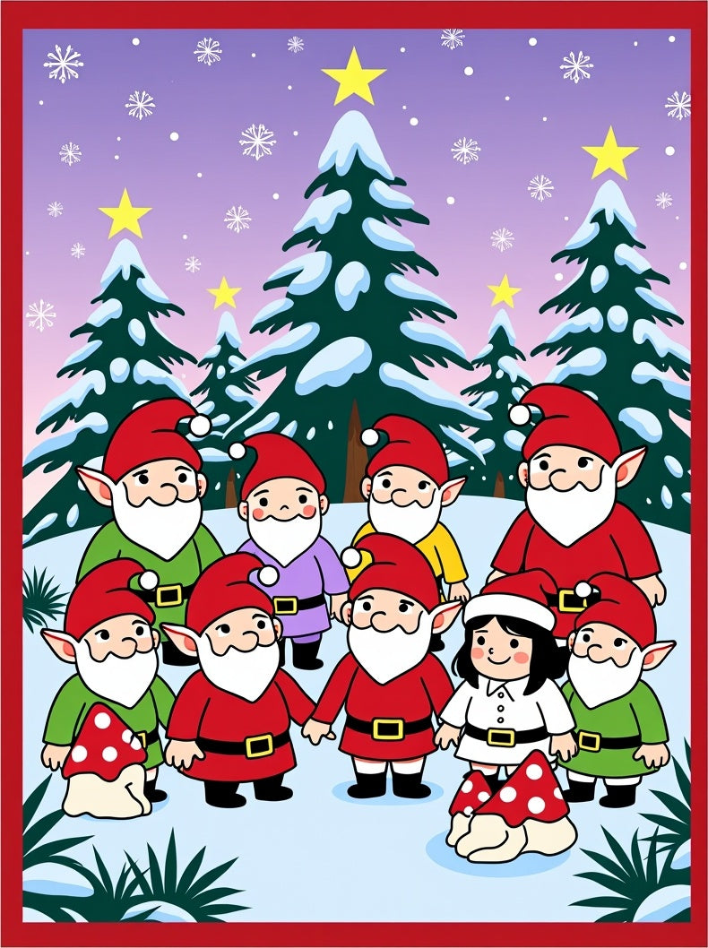 Whimsical Christmas Gnomes Snowfall Scene Rug