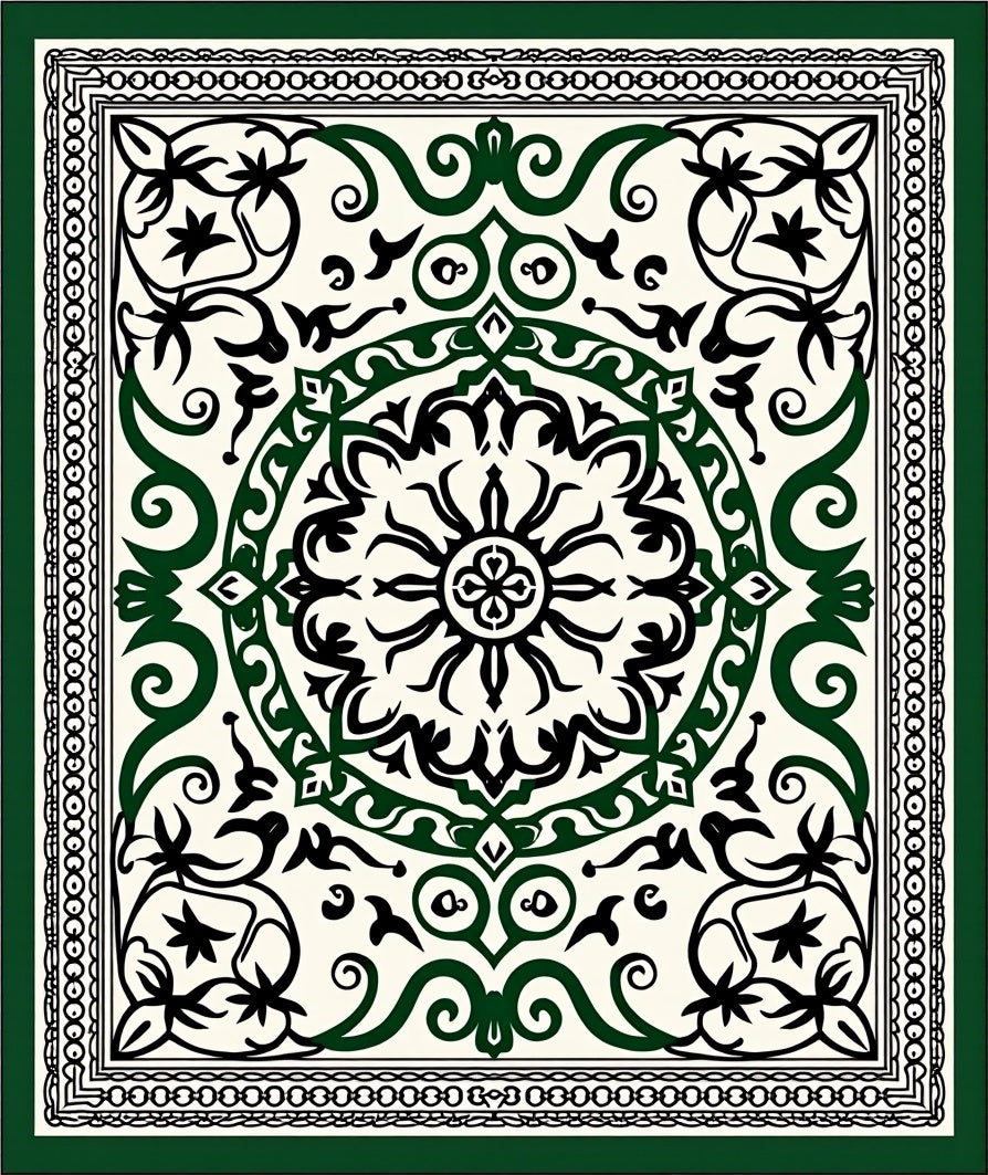 Ornate Black Green Floral Medallion Rug