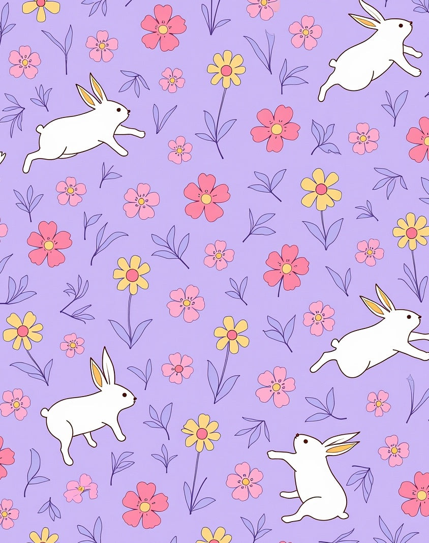 Springtime White Bunny Floral Meadow Rug