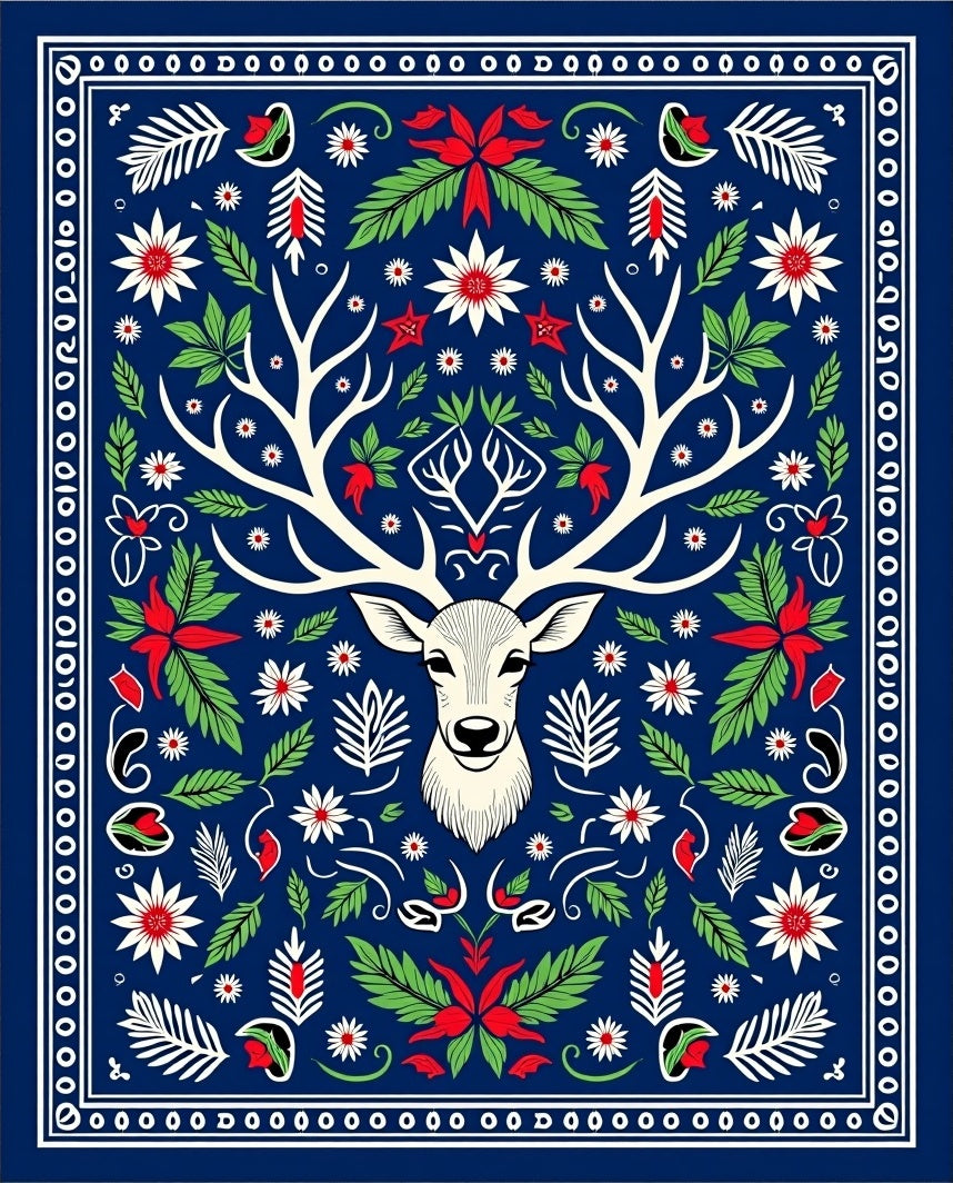 Majestic Stag Floral Folk Art Rug