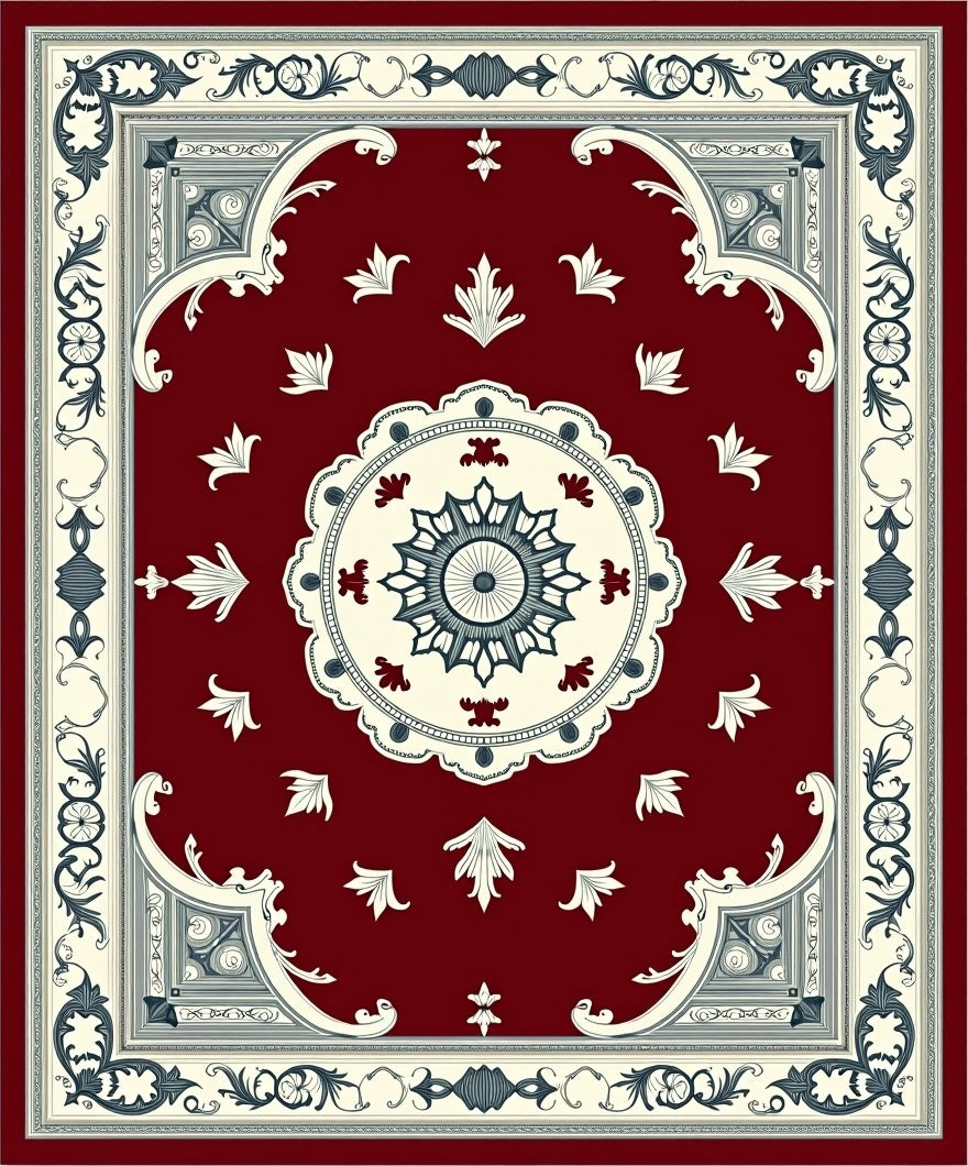 Rich Crimson Elaborate Medallion Border Rug