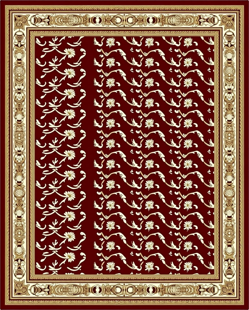 Deep Red Golden Floral Border Rug