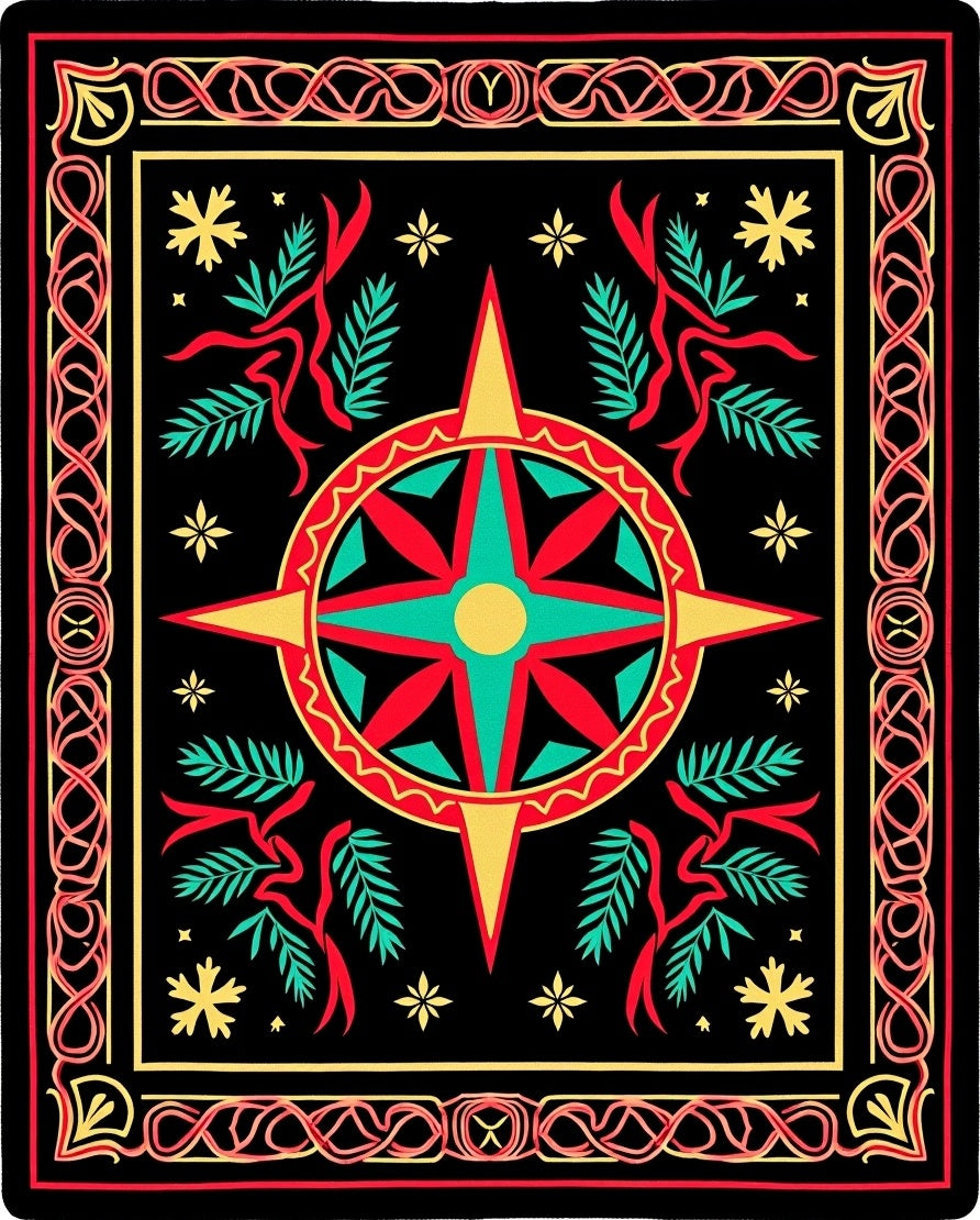 Red Teal Star Compass Foliage Border Rug