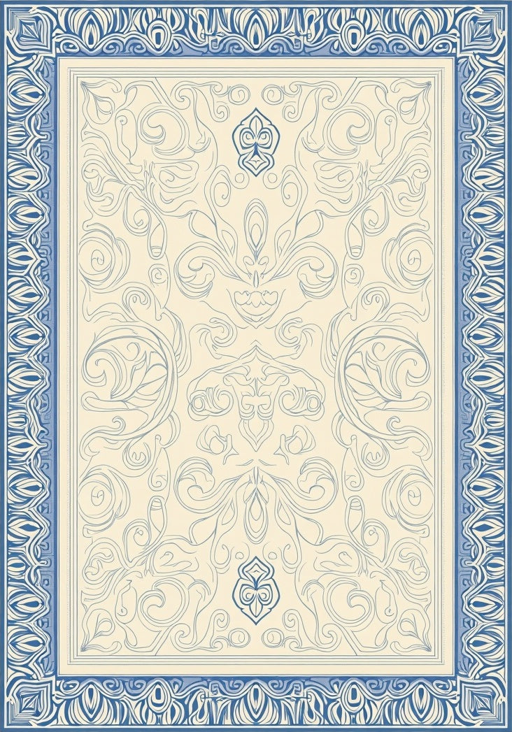 Cream Blue Ornamental Scroll Medallion Rug