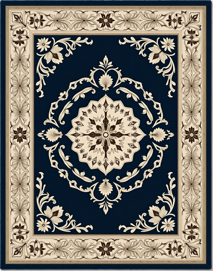 Ornate Indigo Cream Floral Field Rug