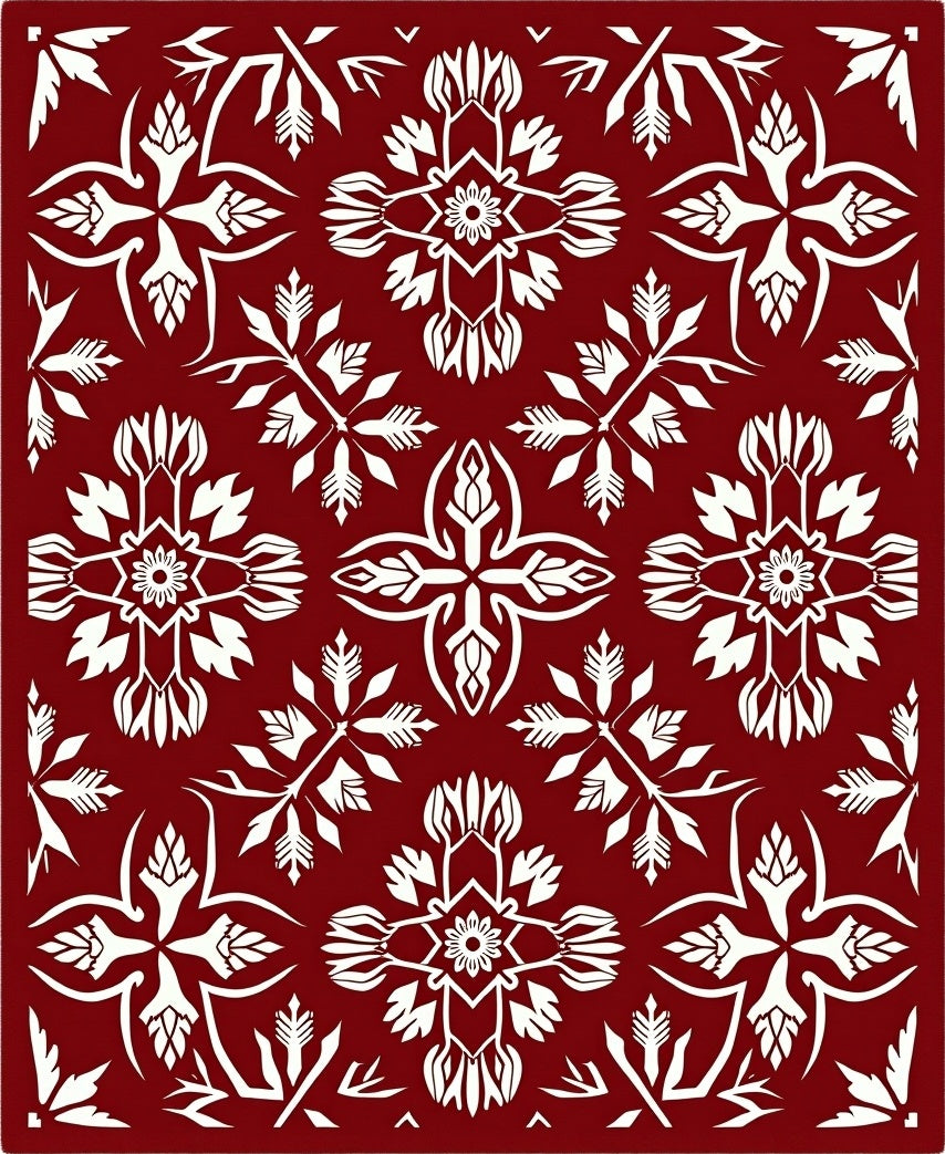 Crimson White Floral Medallion Arrangement Rug