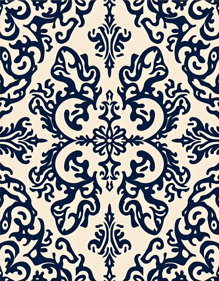 Navy Cream Damask Scrollwork Medallion Rug