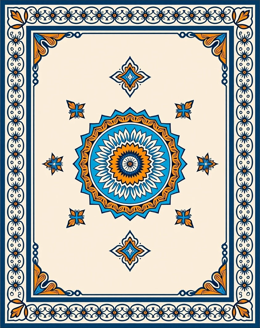 Navy Orange Ivory Mandala Medallion Rug