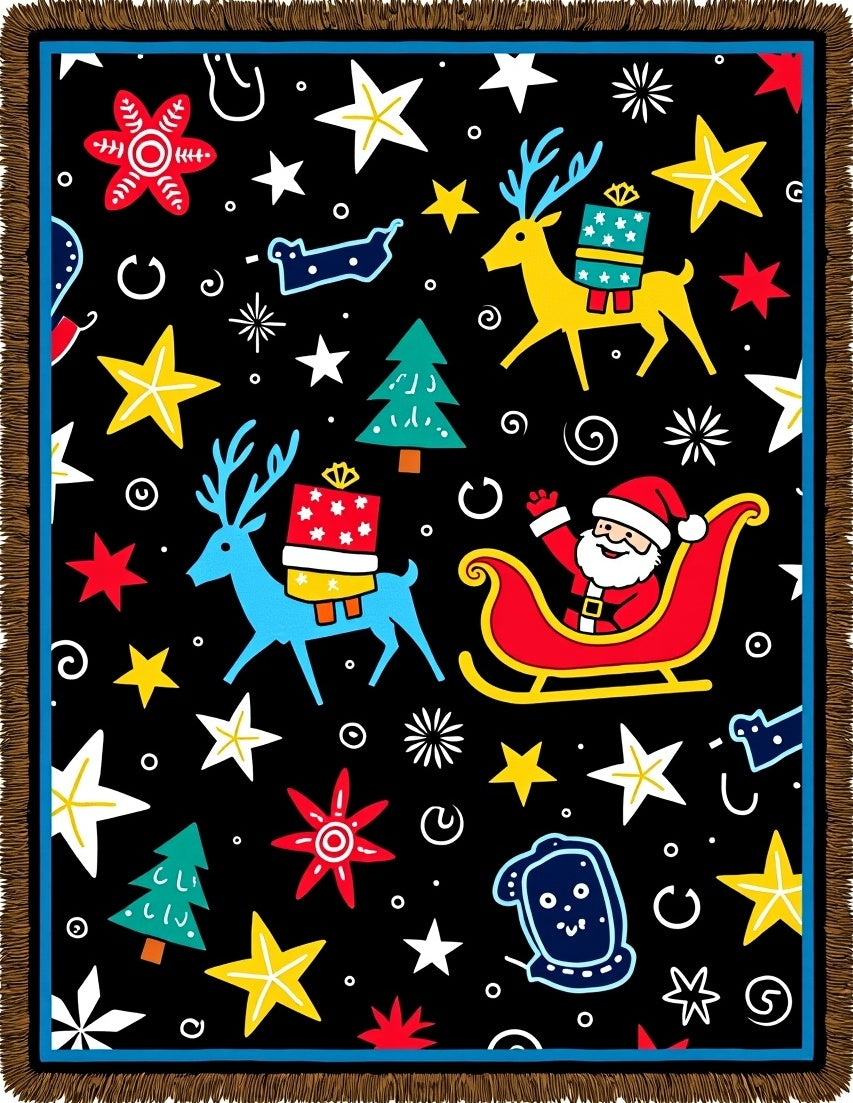Whimsical Christmas Scene Santa Reindeer Stars Rug