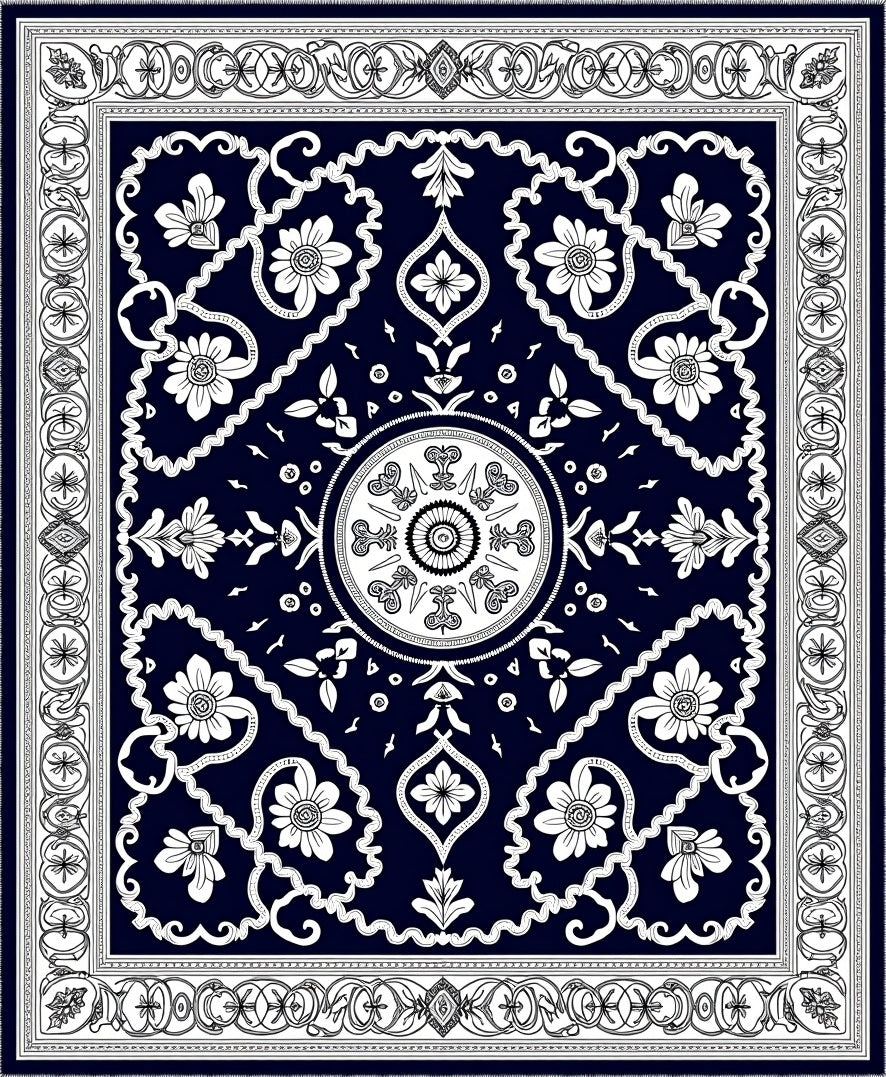 Deep Navy White Floral Medallion Border Rug