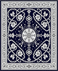 Deep Navy White Floral Medallion Border Rug