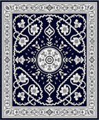 Deep Navy White Floral Medallion Border Rug