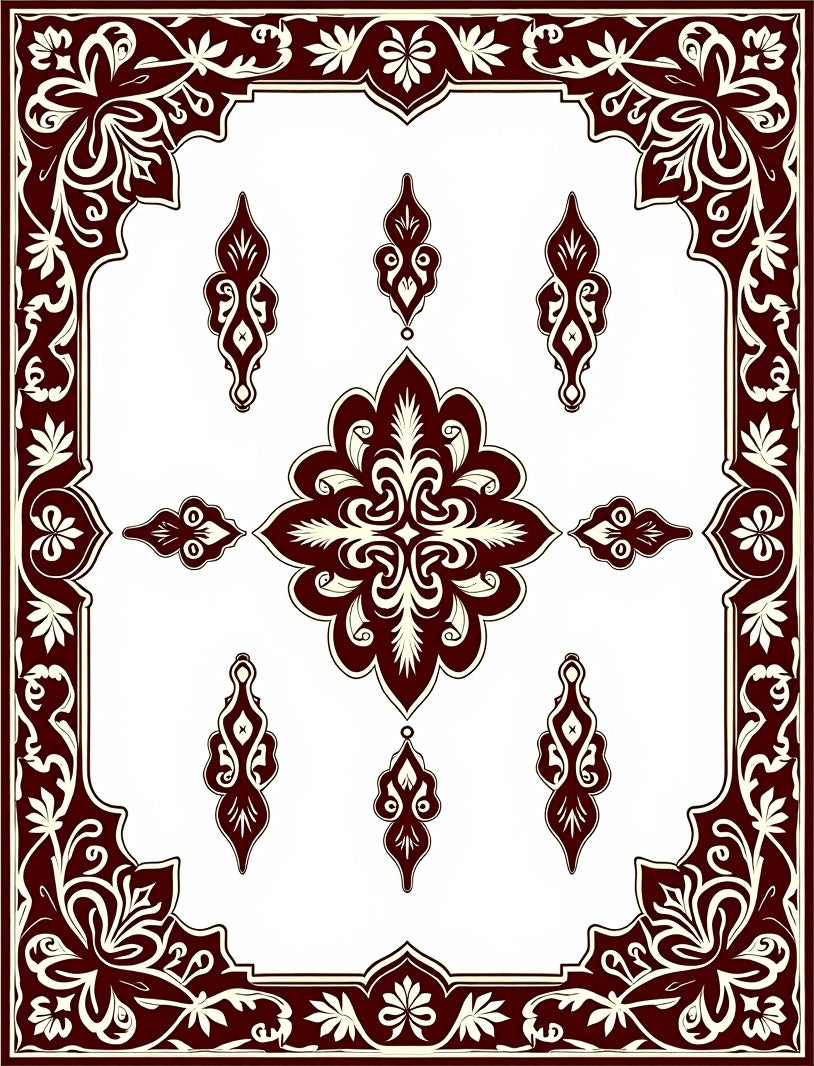 Deep Red Off White Ornate Symmetry Rug