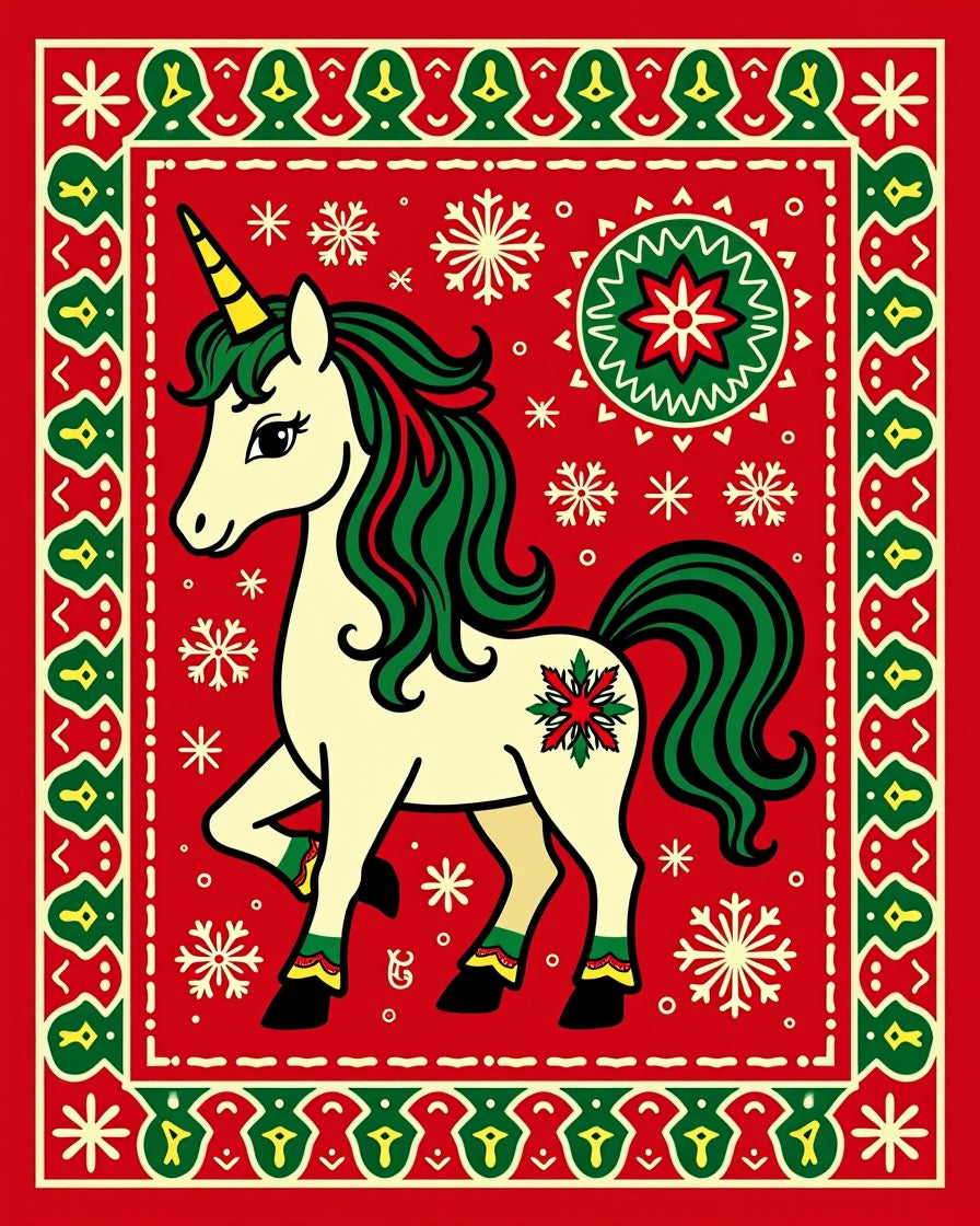 Festive Whimsical Unicorn Snowflake Christmas Rug