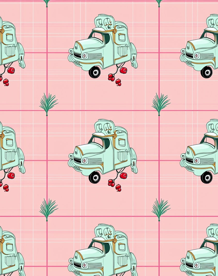 Light Blue Retro Truck Plaid Rug