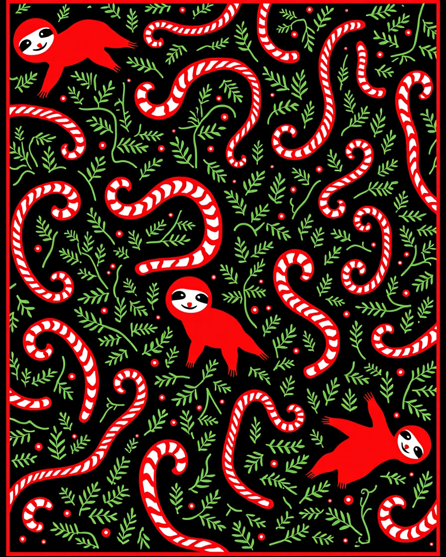 Red Sloth Candy Cane Holiday Collection Rug