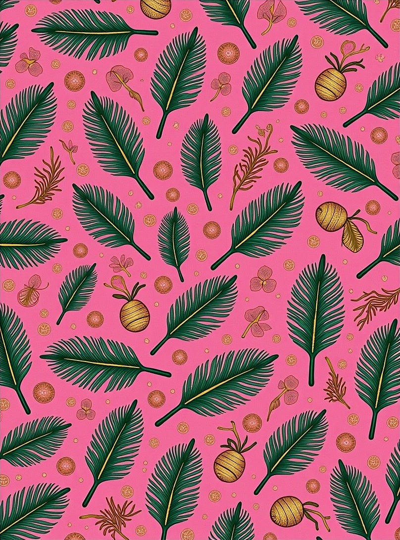 Tropical Green Ferns Gold Accents Pink Rug