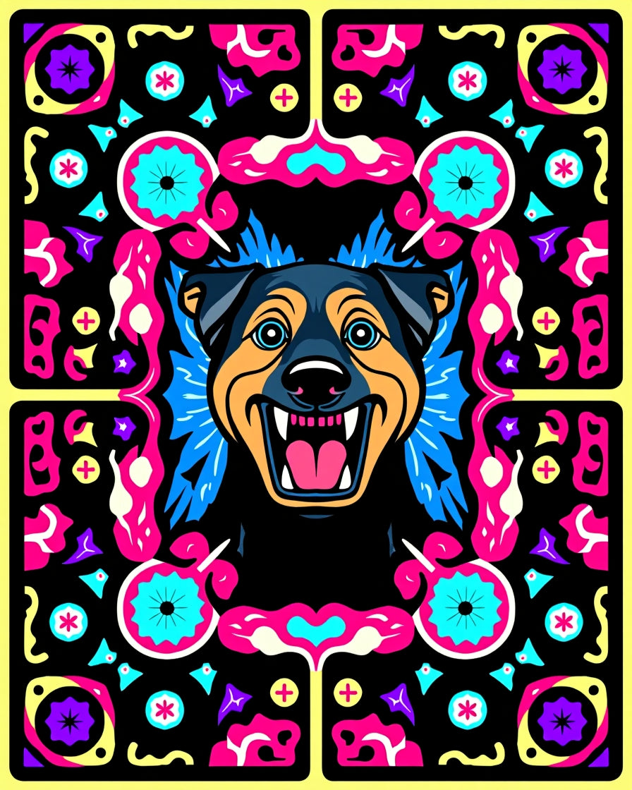 Vibrant Dog With Psychedelic Border Rug