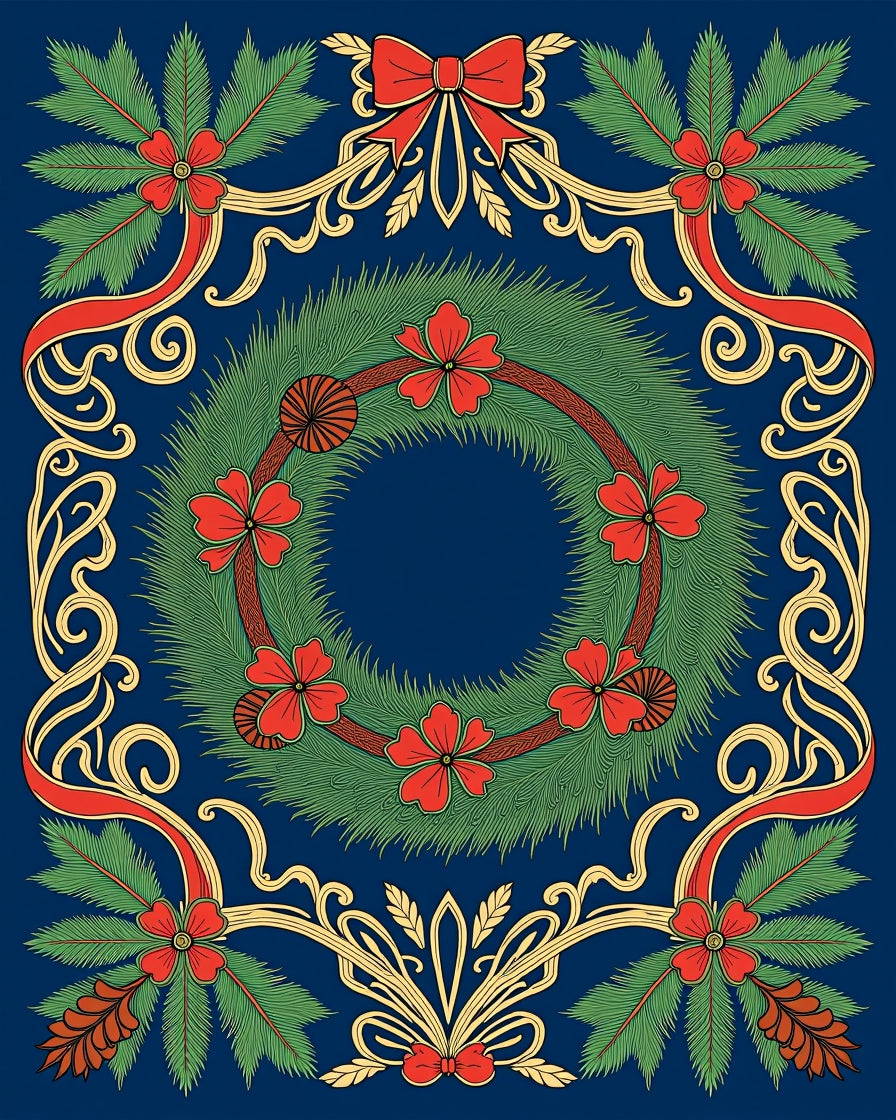 Festive Green Red Floral Wreath Border Rug